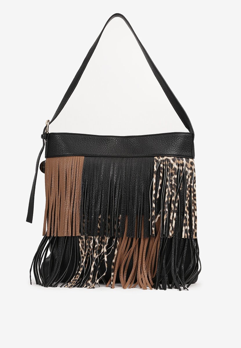 Brązowo-Czarna Torebka Listonoszka z Regulowanym Paskiem Zdobiona Frędzlami w Cętki Ravaniselle