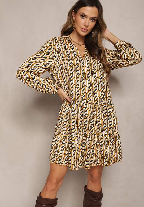 Beżowa Rozkloszowana Sukienka z Falbanką i Dekoltem w Serek Sekele