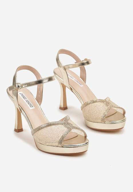 Złote Sandały na Szpilce Ozdobione Motywem Cyrkonii i Koronki Fodinna