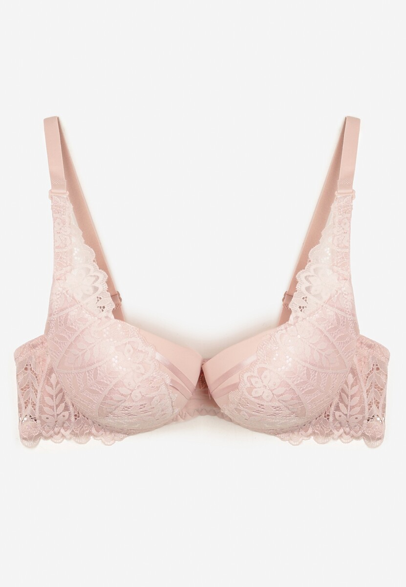 Jasnoróżowy Biustonosz z Efektem Push Up Ozdobiony Koronką Ivmeria