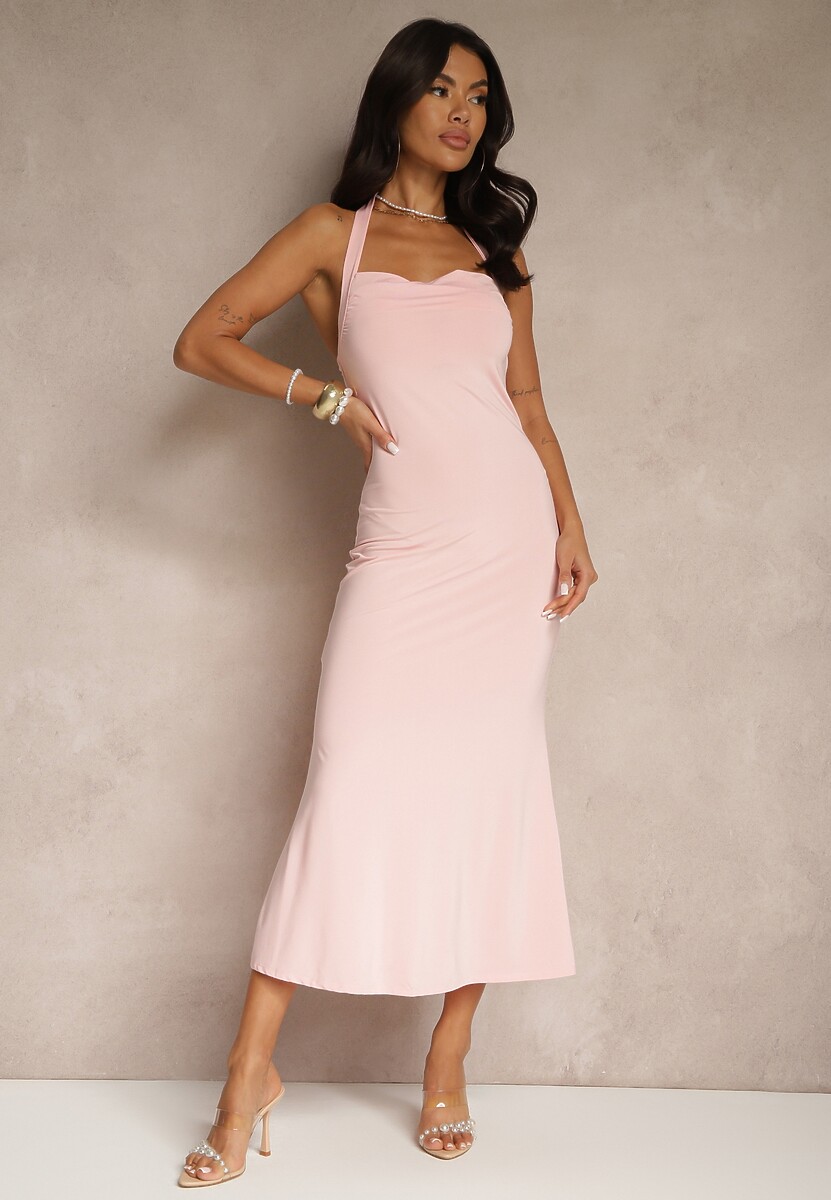 Różowa Koktajlowa Sukienka Taliowana z Wiskozą Folarose