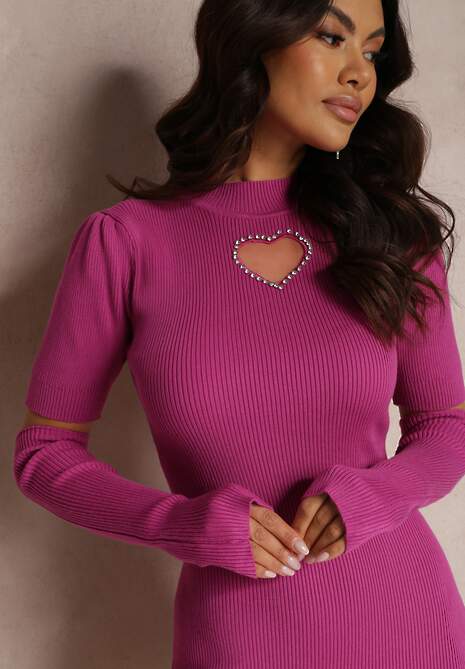 Fioletowa Dzianinowa Sukienka z Długimi Rękawiczkami Bez Palców i Wycięciem Przy Dekolcie Dham