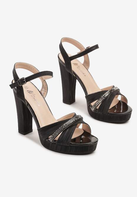 Czarne Brokatowe Sandały na Obcasie z Biżuteryjnym Paseczkiem Liarana