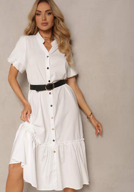 Biała Rozkloszowana Sukienka Zapinana na Guziki z Paskiem z Ekoskóry i Krótkim Rękawem Wontia