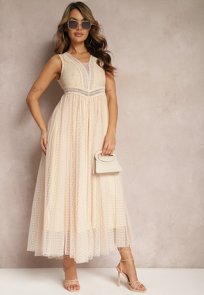 Beżowa Maxi Sukienka o Rozkloszowanym Kroju z Koronką i Tiulem Herdolia