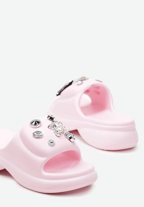 Różowe Płaskie Klapki z Lekkiej Pianki na Grubej Podeszwie z Ozdobnymi Aplikacjami Cisa