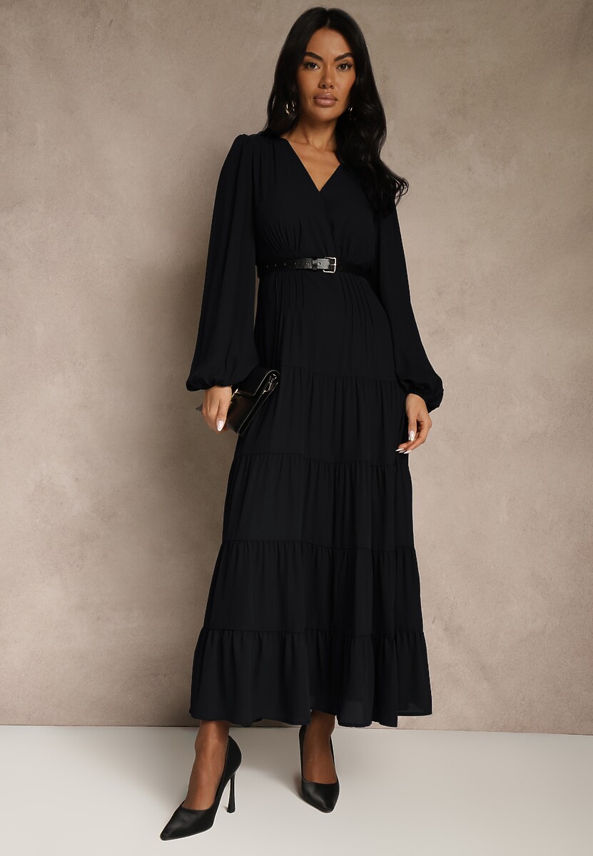 Czarna Kopertowa Sukienka Vices o Rozkloszowanym Kroju Resvima