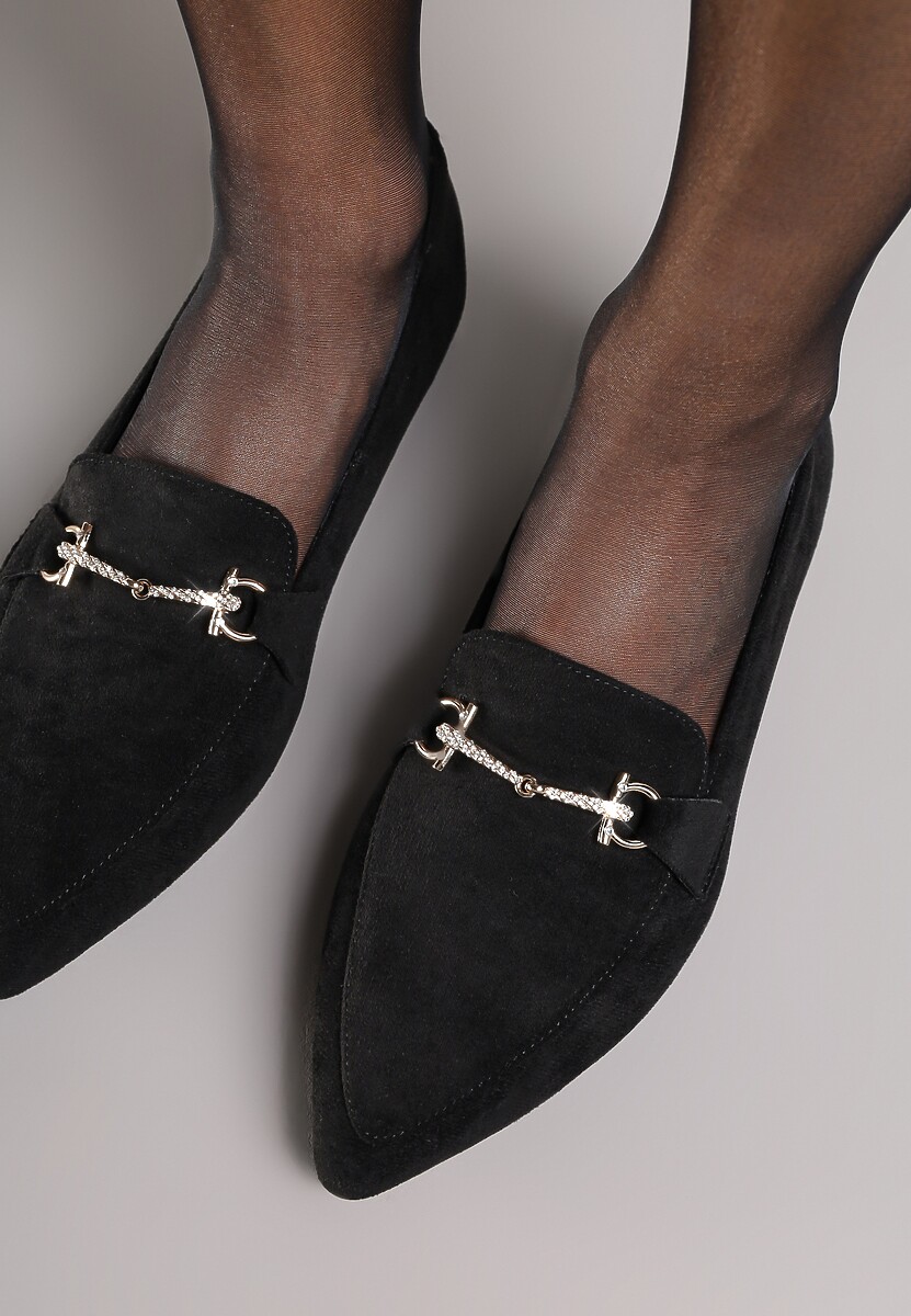 Czarne Mokasyny Vices ze Szpiczastym Noskiem Zdobione Aplikacją Rilosia