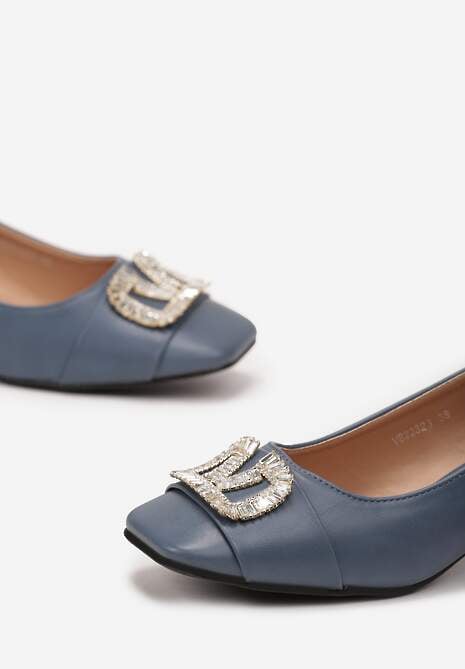 Niebieskie Czółenka z Klamrą na Froncie z Cyrkoniami na Słupku Lactis