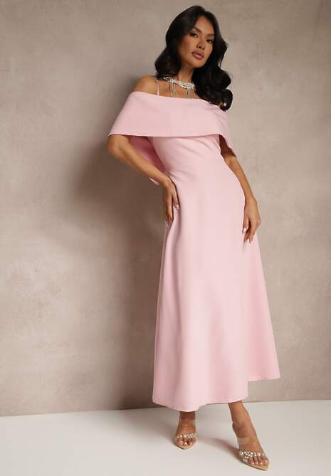 Różowa Rozkloszowana Sukienka na Ramiączkach z Wywiniętym Dekoltem Jenavitia