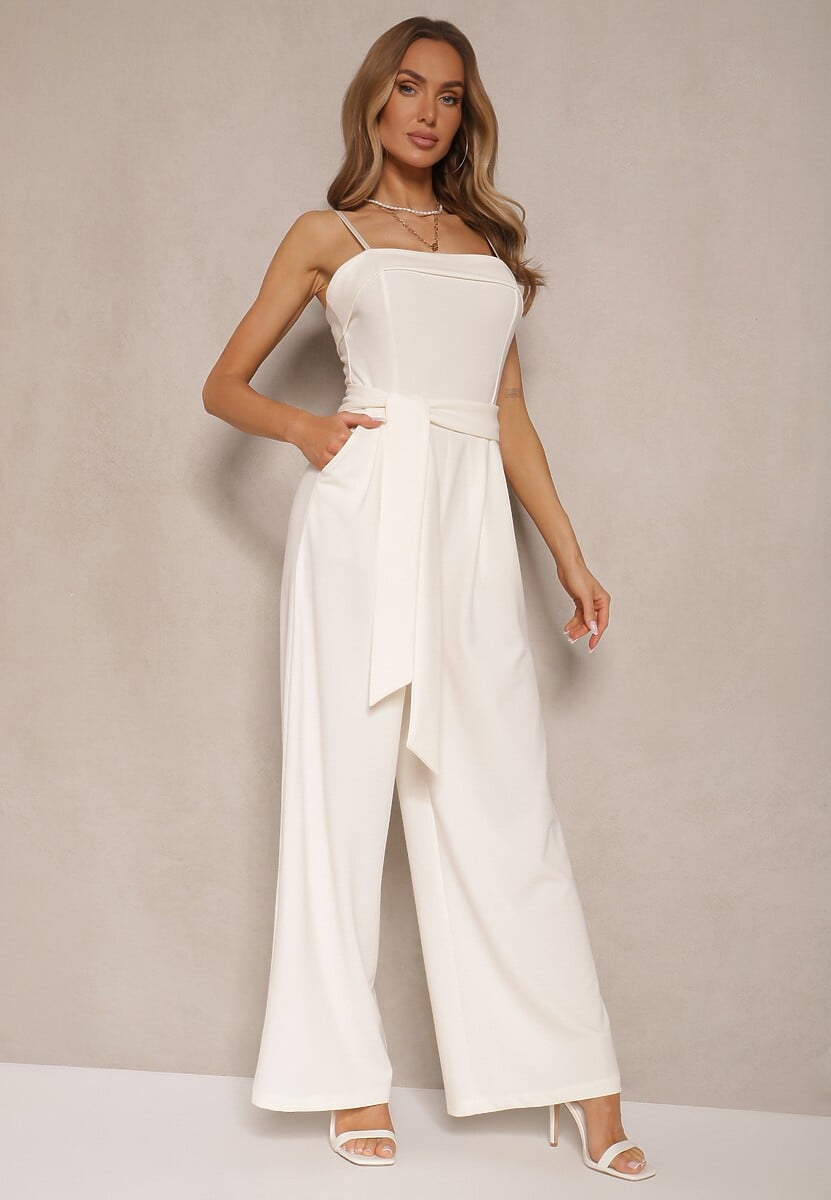 Jasnobeżowy Taliowany Kombinezon z Paskiem Desine