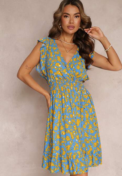 Niebieska Wiskozowa Sukienka o Rozkloszowanym fasonie z Metalicznym Nadrukiem Aurasana