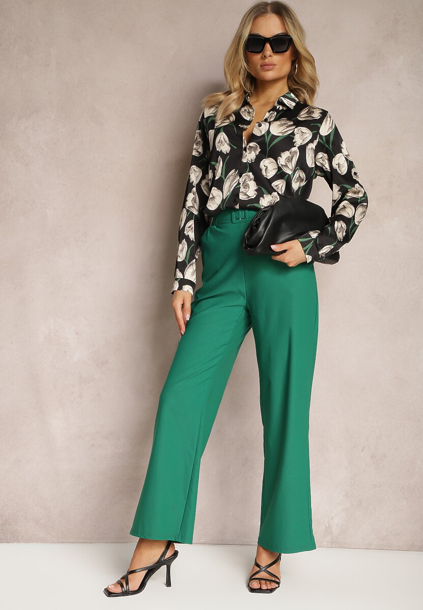 Zielone Spodnie Szerokie w Stylu Paper Bag z Materiałowym Paskiem Xennia