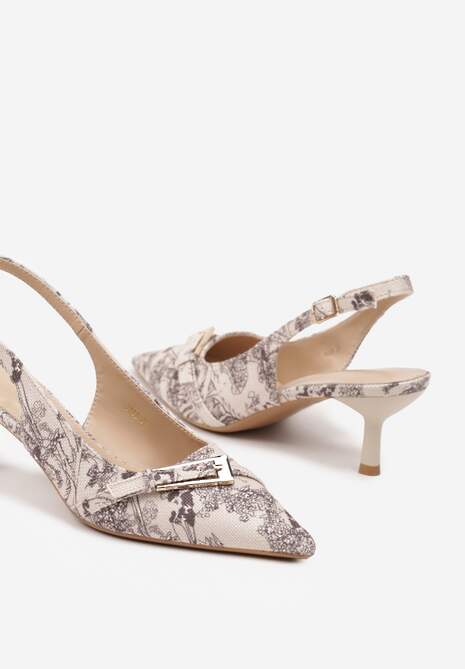 Beżowe Wężowe Sandały na Szpilce Typu Slingback Ozdobione Paskiem z Klamrą Karilen