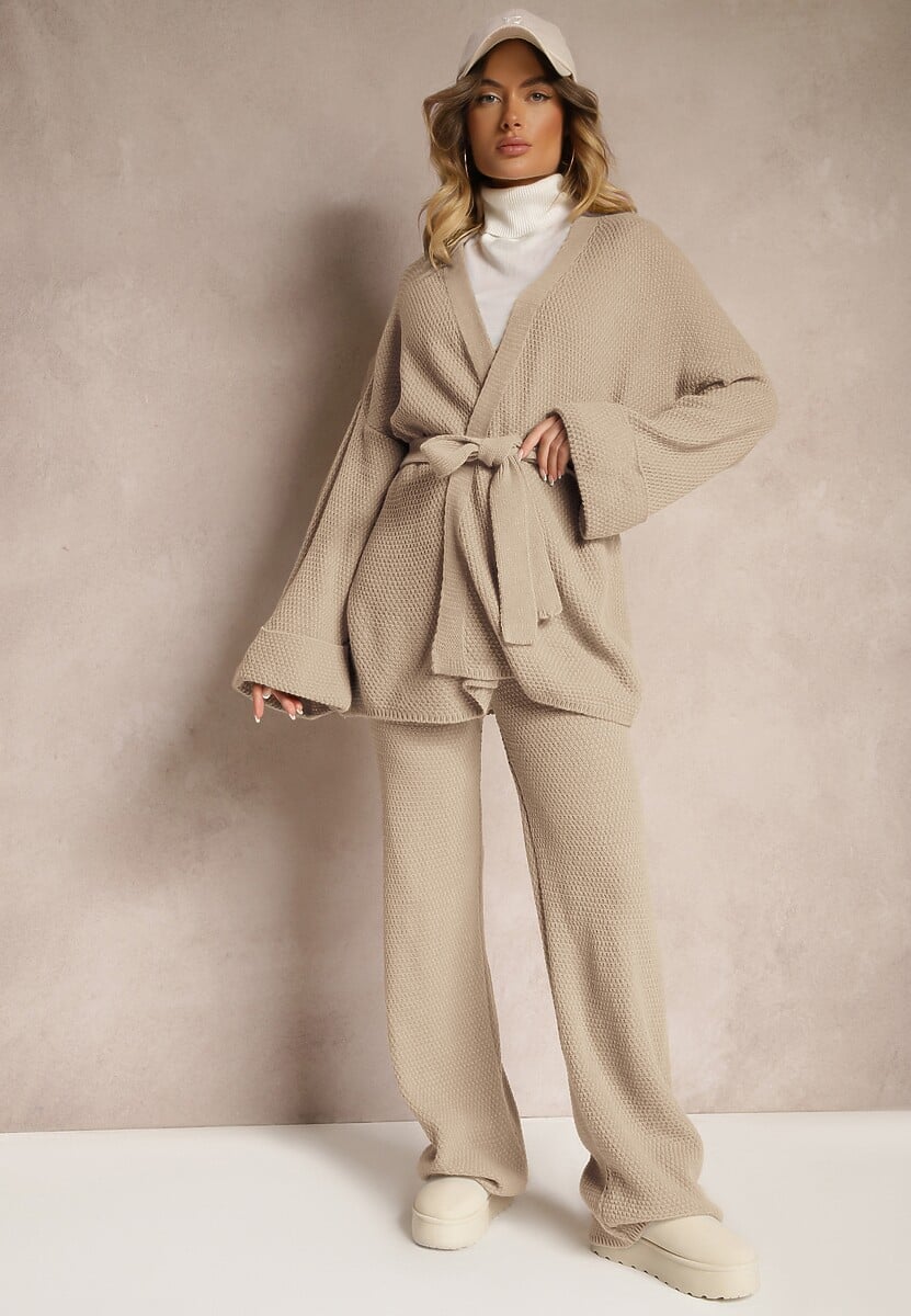 Beżowy Sweterkowy Komplet Kardigan z Wiązaniem i Szerokie Spodnie Edionisa