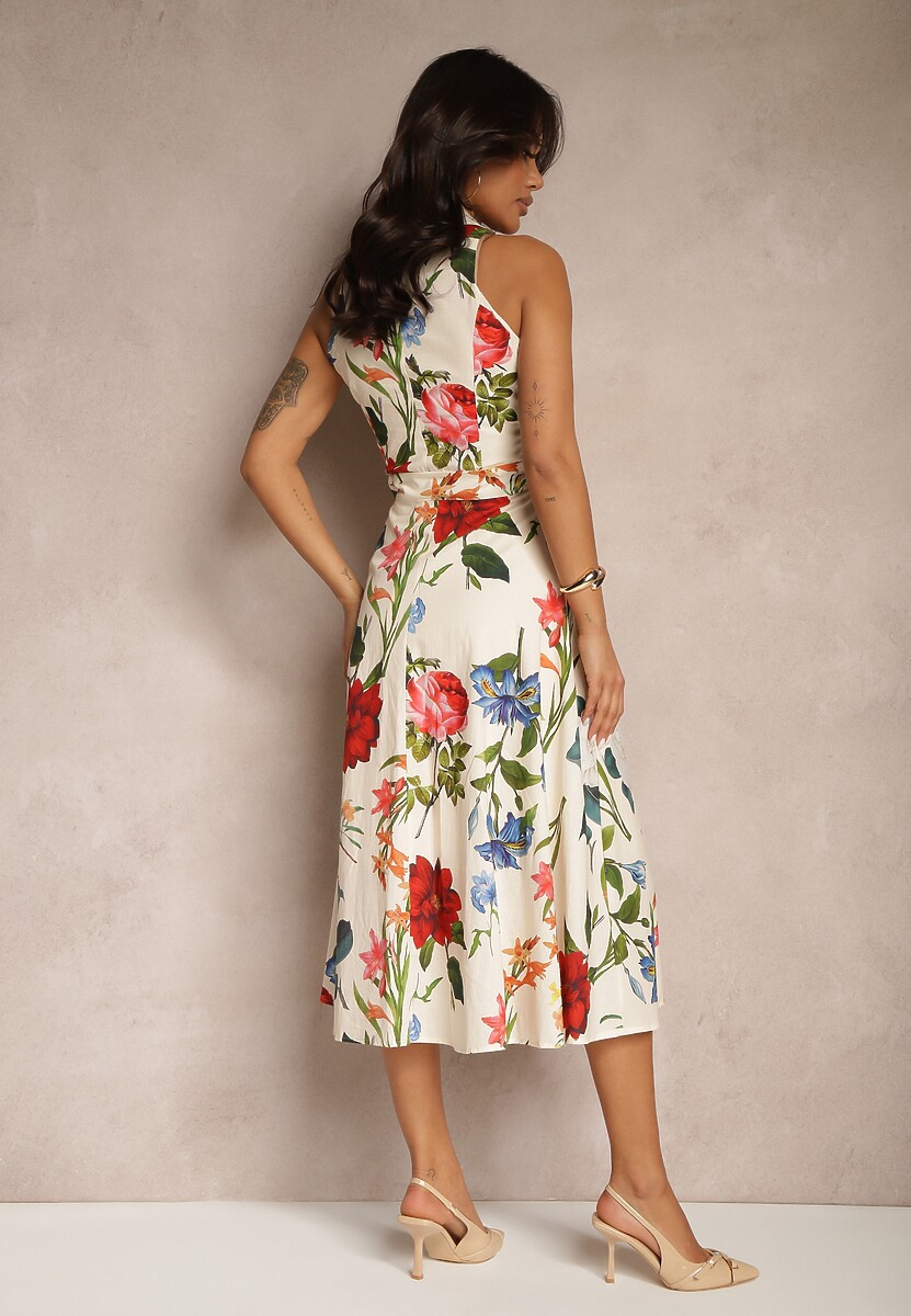 Beżowa Bawełniana Sukienka w Kwiaty Rozkloszowana z Kołnierzykiem Ilaniven