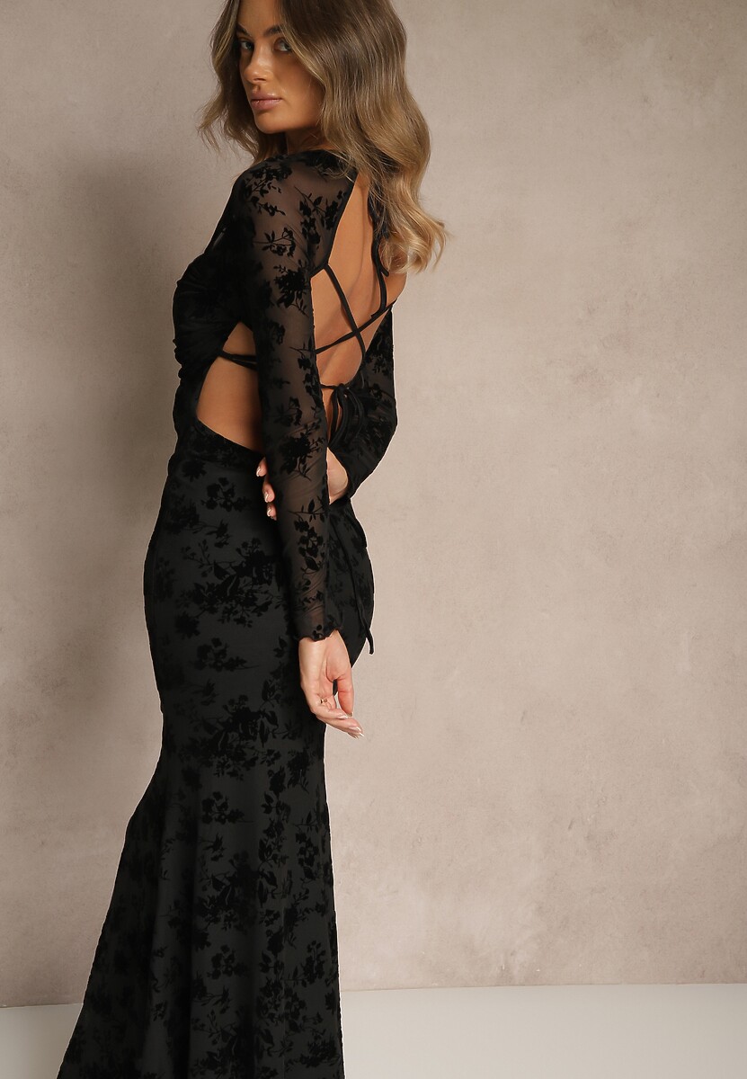 Czarna Sukienka VICES Bodycon z Siateczki Ozdobionej Wzorem w Kwiaty Rivita