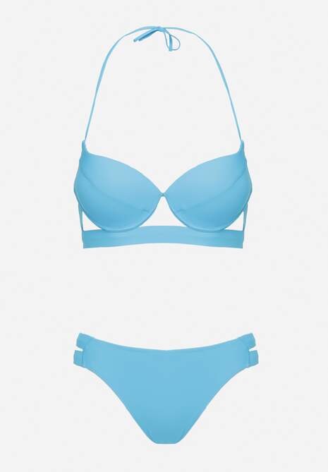 Jasnoniebieskie Bikini Majtki Figi z Wycięciami i Biustonosz z Ozdobnymi Paskami Kinalana