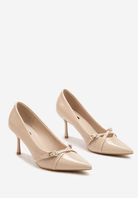 Beżowe Lakierowane Szpilki Vices z Klamrami i Paskami Tamirella