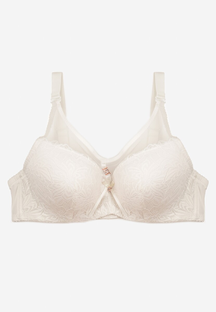 Jasnobeżowy Koronkowy Biustonosz Full Cup Ozdobiony Cyrkoniami Helleboria