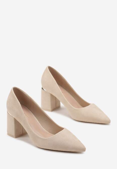 Beżowe Czółenka na Słupku z Metalicznym Zdobieniem Hydrani