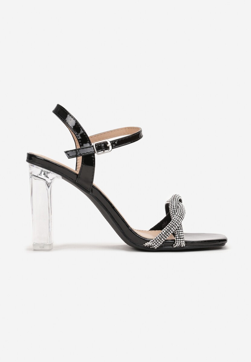 Czarne Sandały na Przezroczystym Obcasie z Paskami z Cyrkoniami Arlingta