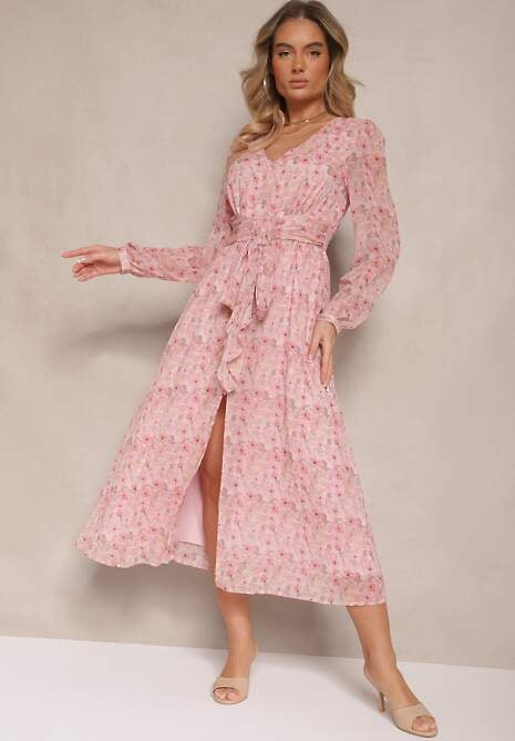 Różowa Sukienka w Kwiaty o Rozkloszowanym Kroju z Wiązaniem i Rozcięciem Telianis