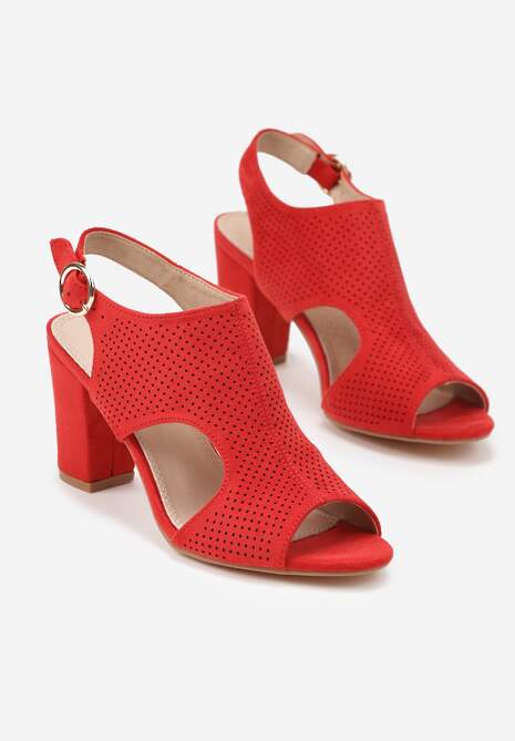 Czerwone Sandały Vices na Słupkowym Obcasie z Ażurową Cholewką i Skórzaną Wkładką Obenea
