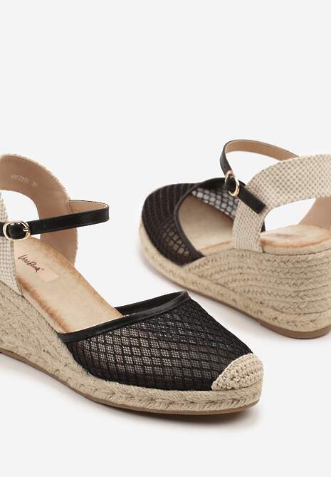 Czarne Sandały w Stylu Espadryli z Plecionką i Siateczką Meranella