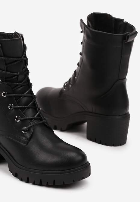 Czarne Botki na Słupku w Stylu Workerów z Ekoskóry Wykończone Wiązaniem Timovia