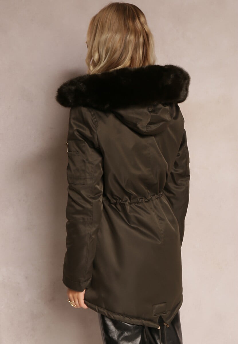 Ciemnozielona Kurtka Parka z Kapturem i Ozdobnym Futerkiem Dioneta