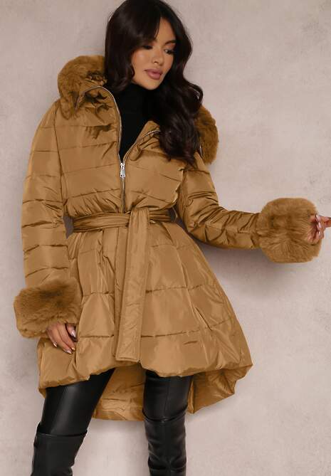 Brązowa Kurtka Pikowana z Futerkiem Pasilinai