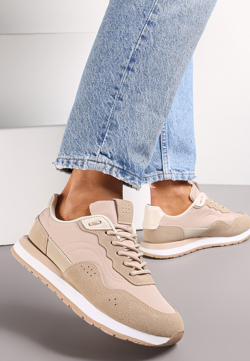 Ciemnobeżowe Sneakersy Zdobione Wstawkami z Imitacji Skóry Fayela