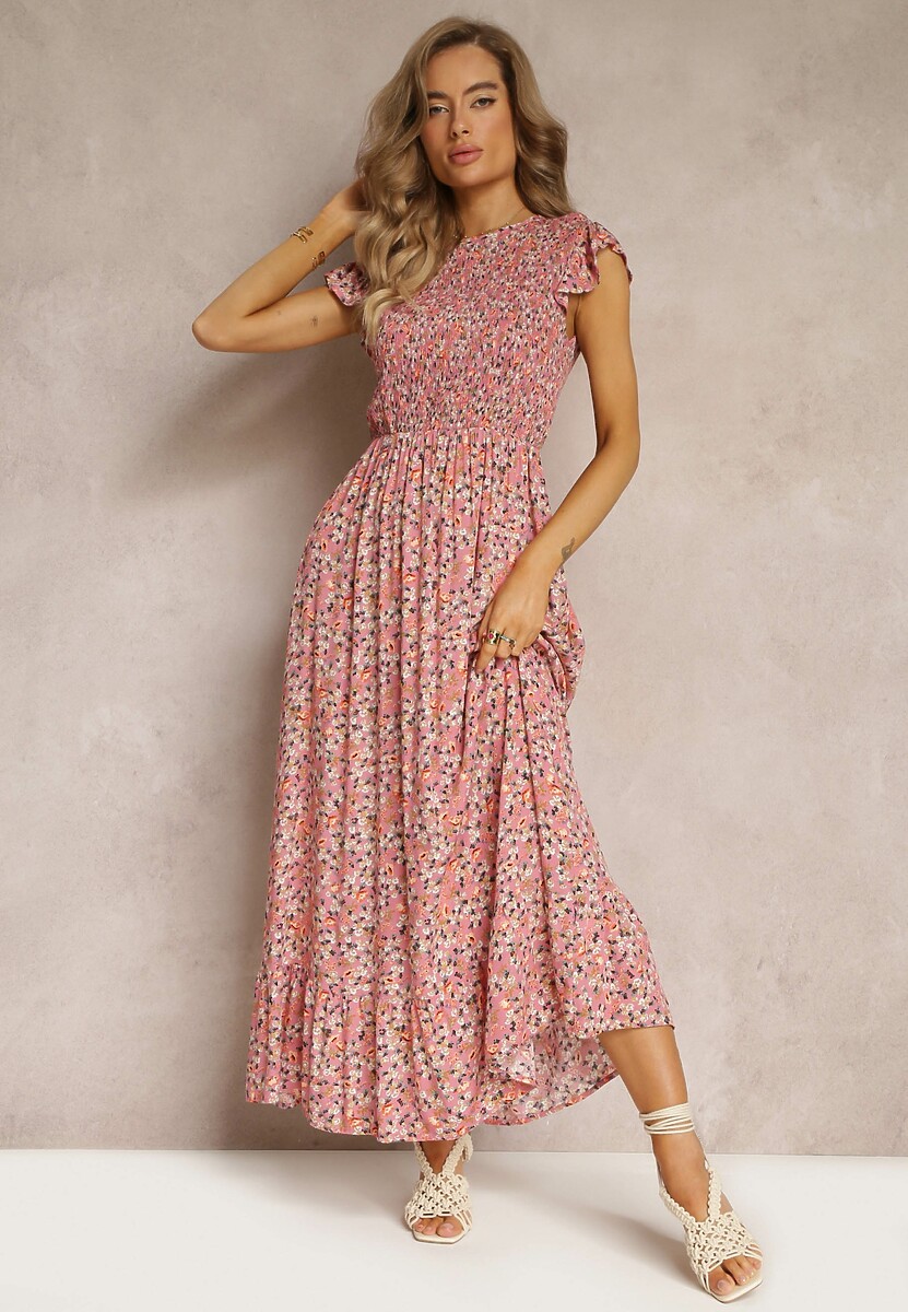 Różowa Rozkloszowana Sukienka z Wiskozy w Kwiaty Evanitte