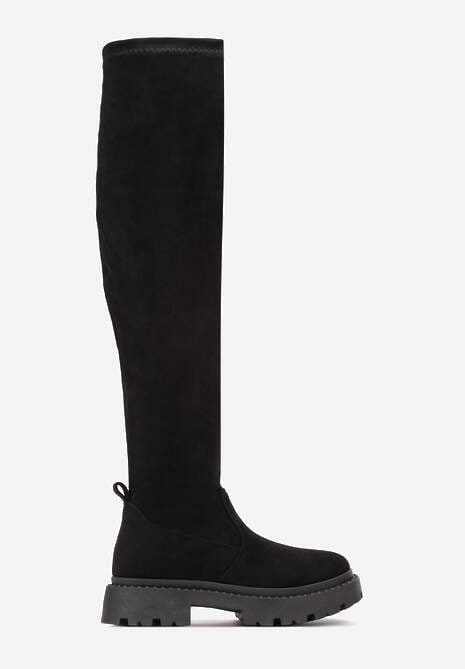 Czarne Kozaki za Kolano z imitacji Zamszu na Grubej Podeszwie Dolce