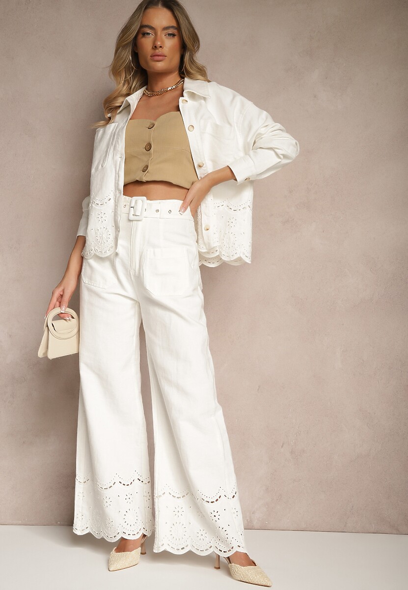 Białe Szerokie Spodnie z Bawełny High Waist z Ozdobnym Paskiem Nerraza
