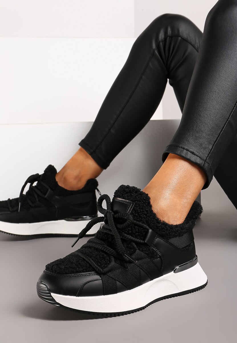 Czarne Sneakersy Zimowe z Futerkiem Barankiem na Niskiej Platformie Zinethia