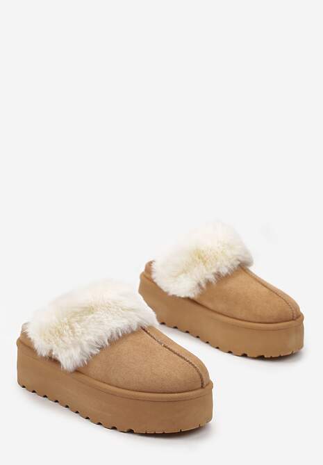 Brązowe Kapcie na Grubej Podeszwie z Ozdobnym Futerkiem Sunessa