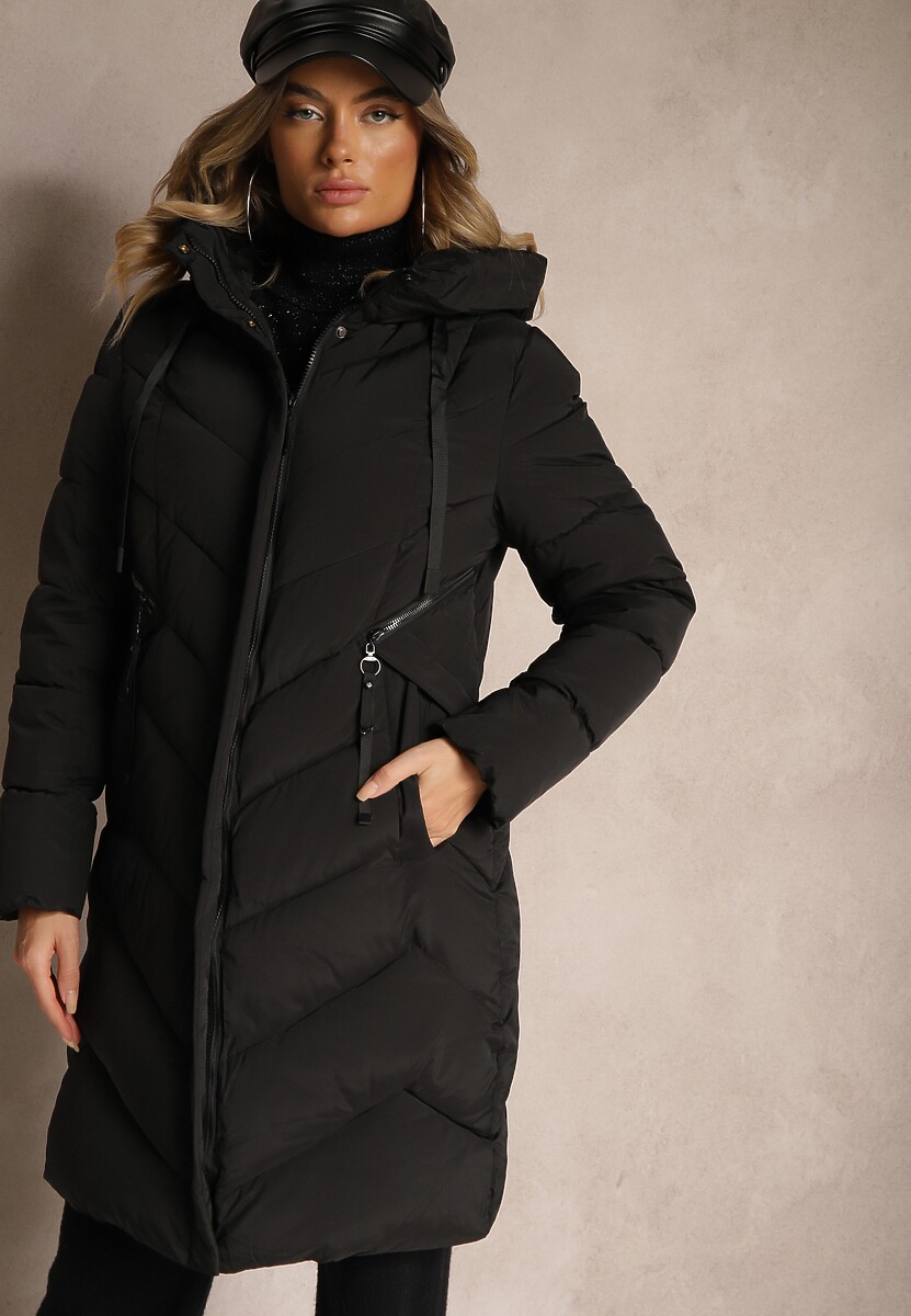 Beżowa Długa Kurtka z Pikowanymi Przeszyciami i Kapturem Ozdobiona Suwakami Hedirae