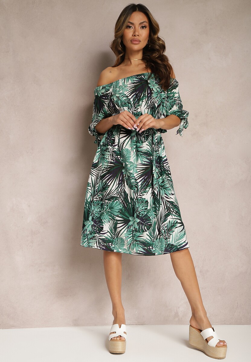 Biało-Zielona Sukienka Hiszpanka Bawełniana z Materiałowym Paskiem Wiązana przy Rękawach Daritia