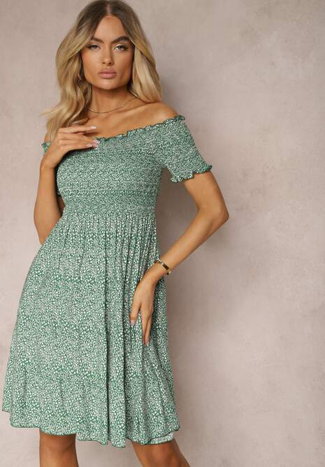 Zielona Sukienka Hiszpanka z Bawełny z Marszczonymi Gumkami i Falbanką Neasha