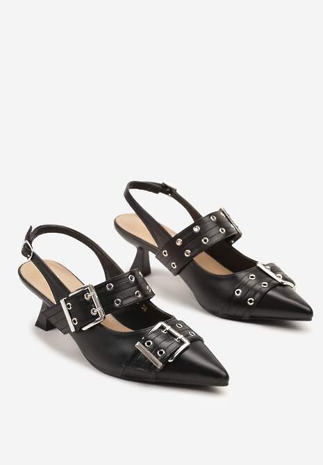 Czarne Sandały Slingback na Kaczuszce Zdobione Nitami i Klamrami Leaelia