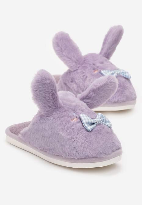 Fioletowe Kapcie ze Sztucznego Futerka i Króliczymi Uszami i Kokardą Temiha
