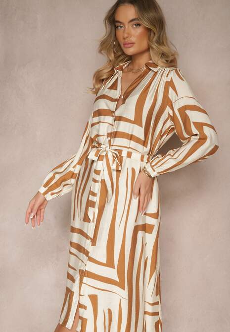 Beżowa Sukienka z Wiskozą o Koszulowym Kroju w Geometryczny Print Ninatria