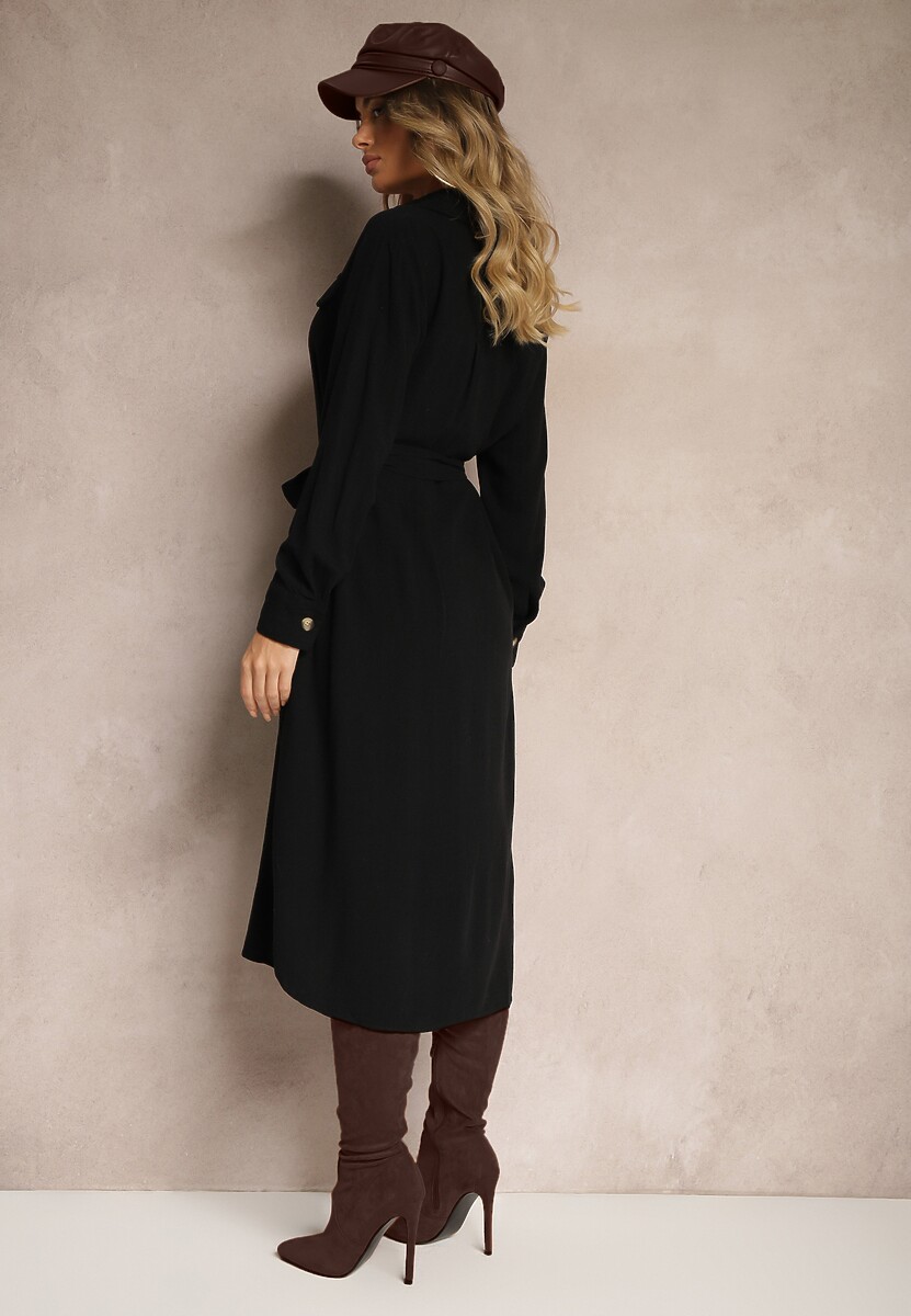 Czarna Sukienka z Bawełny o Koszulowym Kroju Wiązana w Talii Zinrose