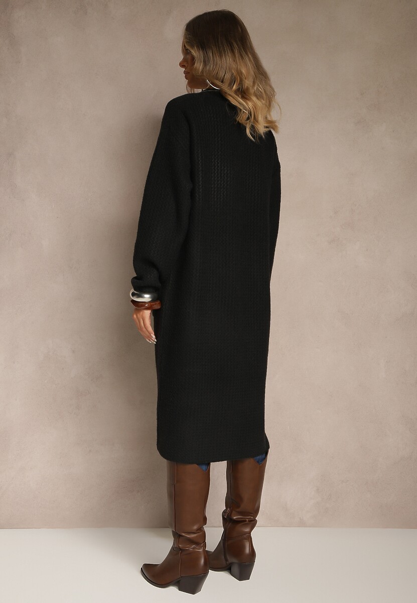 Czarny Długi Kardigan Niezapinany z Bawełną Ferrive