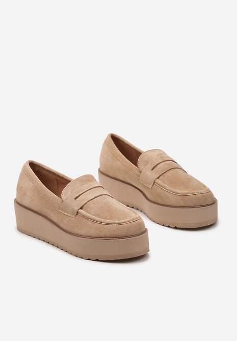 Ciemnobeżowe Półbuty w Stylu Mokasynów z Imitacji Zamszu na Platformie Vhisper