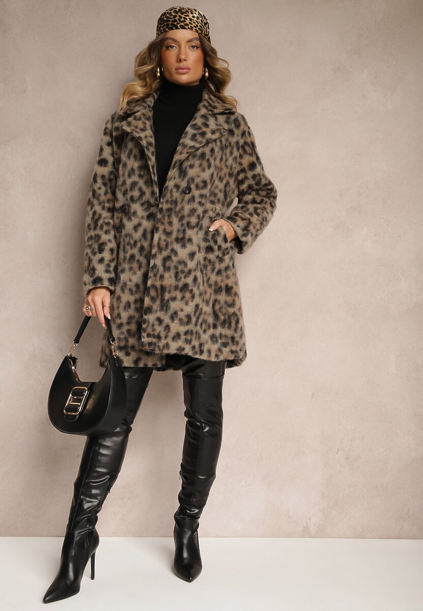 Beżowy Panterkowy Płaszcz Dwurzędowy z Wsuwanymi Kieszeniami Niarelith