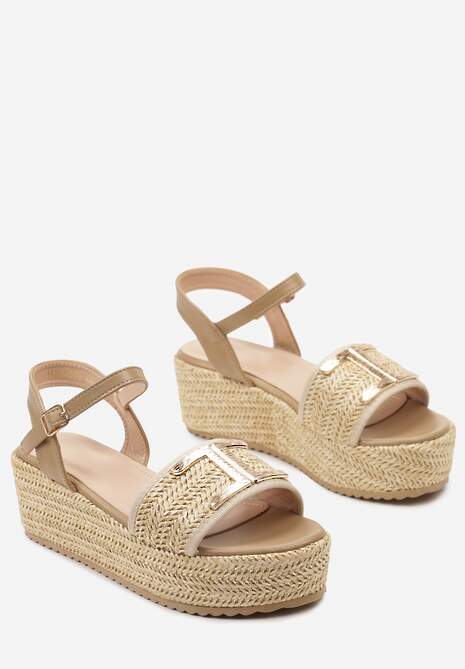Ciemnobeżowe Sandały na Platformie Ozdobione Plecionką Jutową i Klamerką Nehelenia