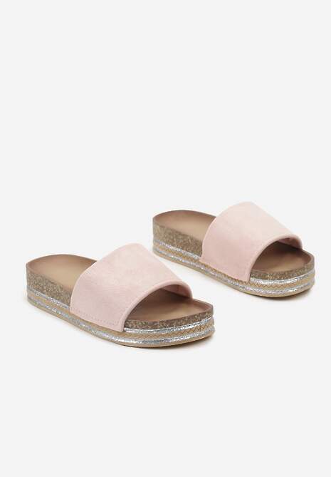 Różowe Klapki Ozdobione Brokatem na Podeszwie z Korkową Wstawką Madiena